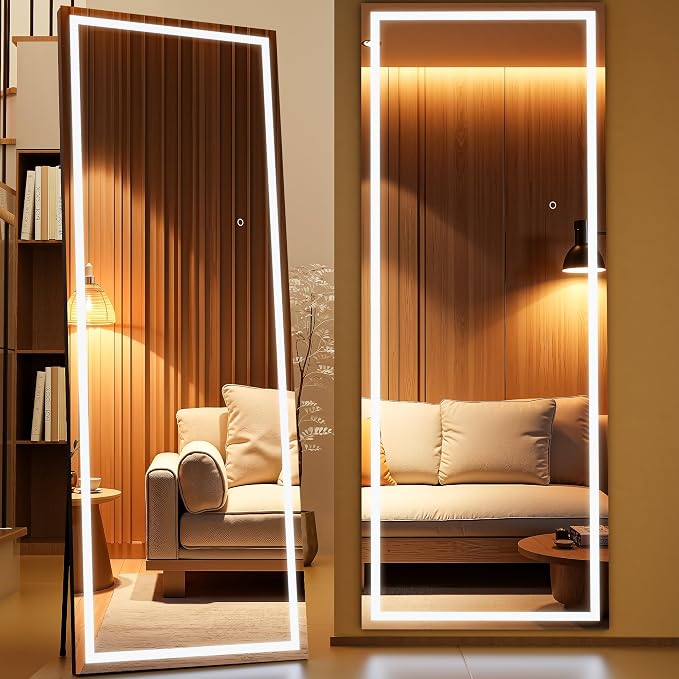 67" x 24" Full Length Mirror with Lights, LED Lighted Floor Standing Body Mirror, Dimmable & 3 Color Lighting for Bedroom, Cloakroom, Dressing Room, Tempered Glass, Black Frame