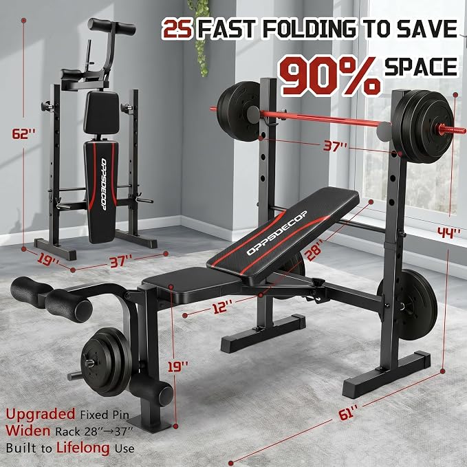 OPPSDECOR Weight Bench Set with Squat Rack, 900LBS Adjustable for Home Gym | Leg Extension & Curl, Preacher Curl Pad, ASTM-Certified 900LBS, Bench Press Rack, Full Body Workout, 2-Second Fold, US Stock