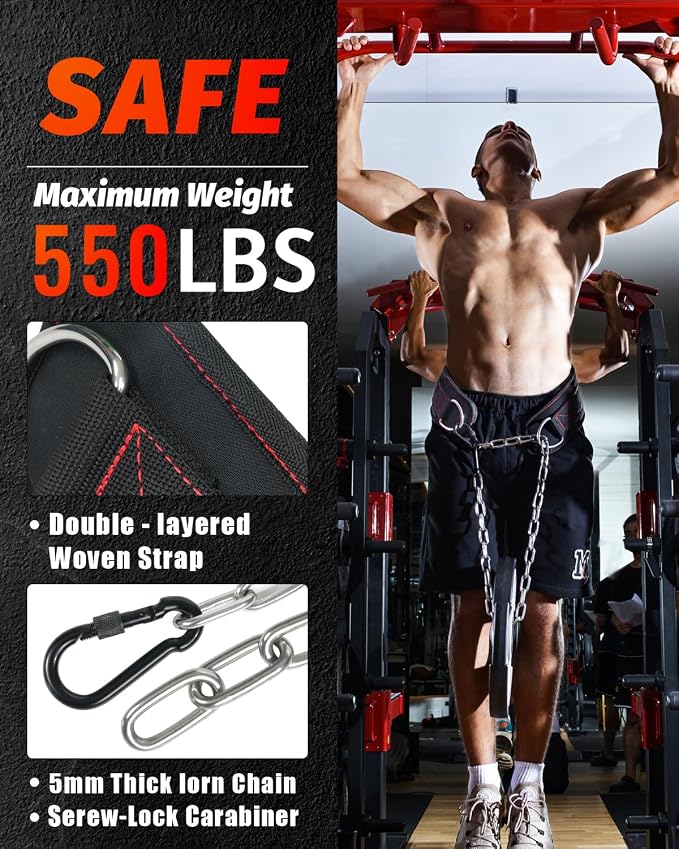 Dip belt With 37-40" Chain, 550lbs - 650lbs Weight Capacity, Weightlifting Belt for Dips and Pullups