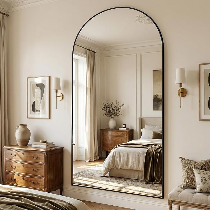 Suidia 90"x46" Arched Full Length Mirror with Stand, Full Body Mirror with Aluminum Frame, Freestanding/Leaning/Wall-Mounted, Floor Mirrors for Bedroom, Living Room, Entryway, Dressing Room, Black