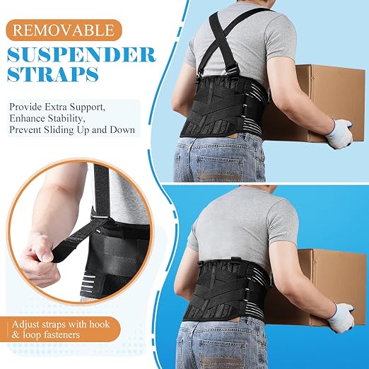 Plus Size 4XL/5XL Work Back Brace with 2 Removable Suspender Shoulder Straps - Posture Corrector Protector for Heavy Lifting Safety - Back Support Belt for Men Women in Construction
