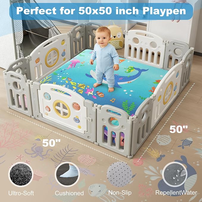 1.3" Thick Baby Play Mat for Floor, Elasti-Foam 50x50 Playpen Mat, Water Repellent Ultra Soft Coral Velvet Tummy Time Crawling Mats for Kid Toddlers Infants, Non-Slip Backing Safe for Crawling Ocean