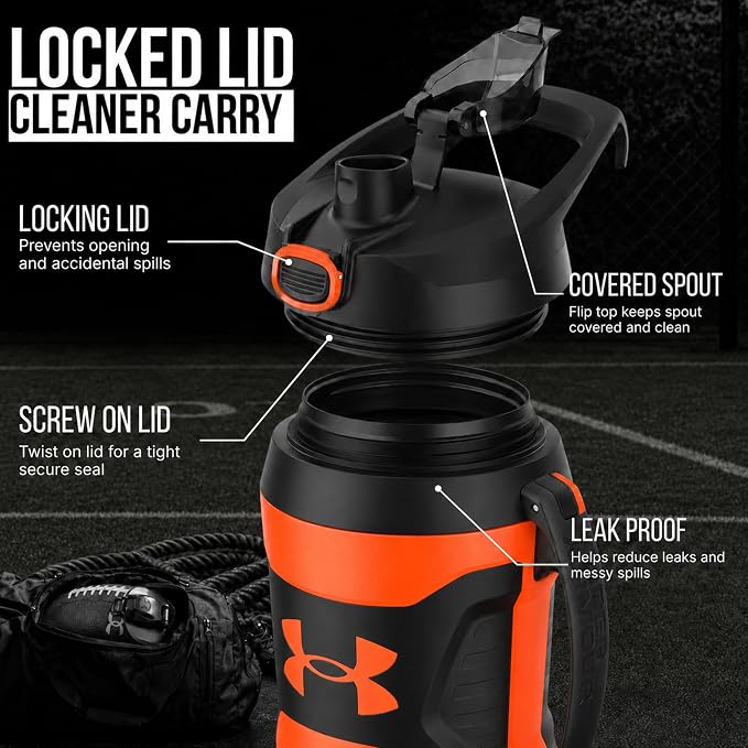 Under Armour Insulated Water Bottle with Handle & Fence Hook, Half Gallon Sports Water Jug, Leak-Resistant & BPA-Free for Baseball, Football & Gym - Blaze Orange/Black, 64oz