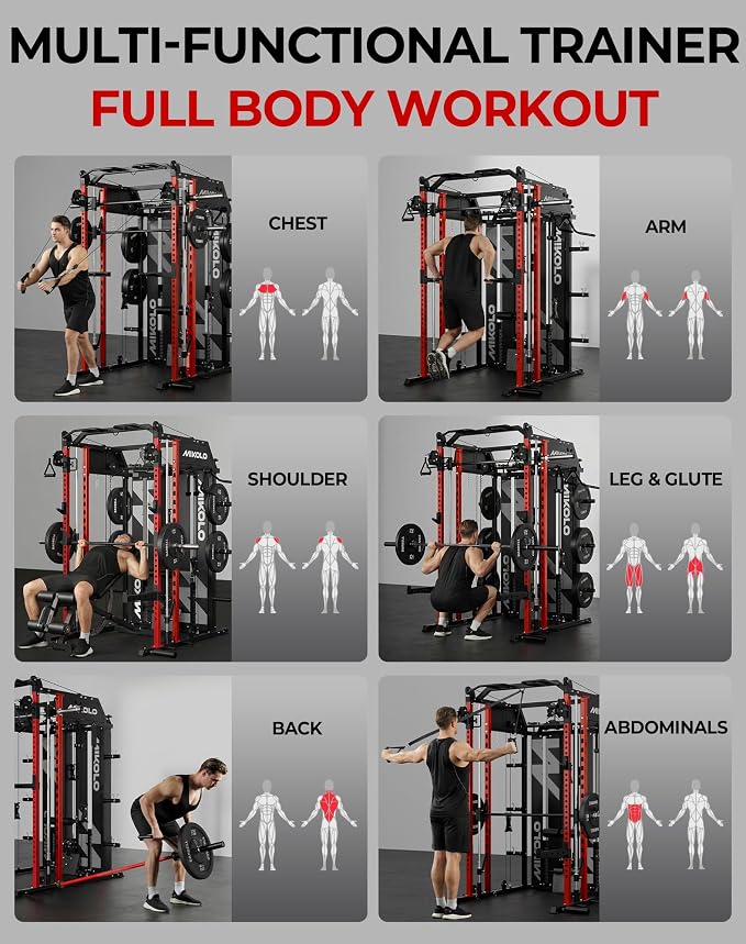 Mikolo Smith Machine with Weight Stack, Power Cage Home Gym System with LAT Pulldown & Cable Crossover, Multi-Functional Trainer with Dual Pulley System, Includes 10+ Free Attachments