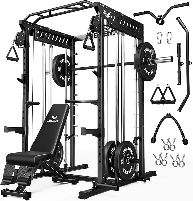 JELENS M21 Smith Machine, Multi-Function Power Cage with Dual Pulley Cable Crossover System, 2000LBS All-in-One Squat Rack with Smith Bar and Attachments for Home Gym