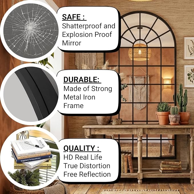 64x30Inch Large Arched Window Pane Mirror| Black Arched Mirrors for Wall & Floor | Arch Mirror Full Length for Entryway Living Room & Bedroom | Oversized Mirrors | Wall Art Decorative |Farmhouse Décor