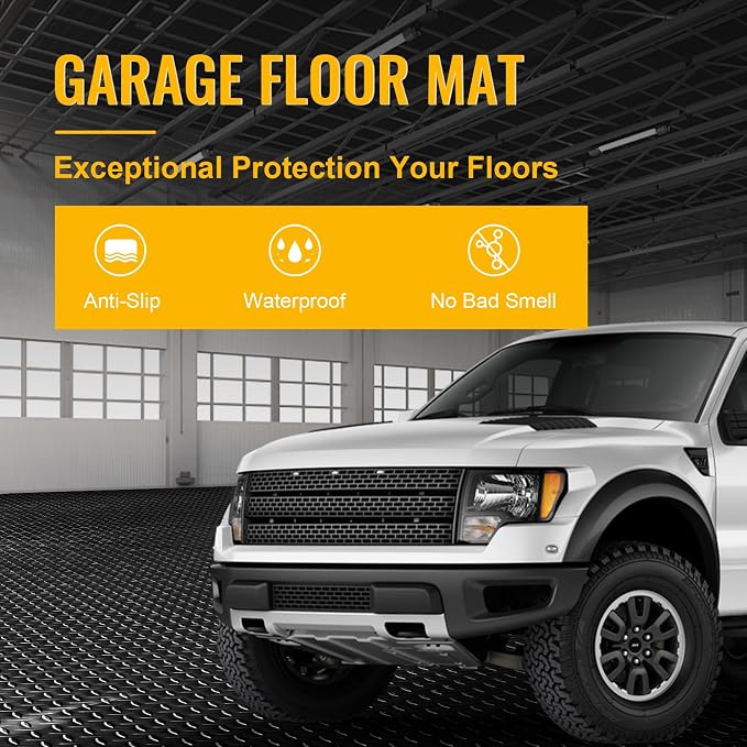 10x20 FT Garage Floor Mat, 2.8mm Thickened Flooring Roll for Under Car Diamond Plate PVC Rubber Mat with 20 Pcs Tapes, Non-Slip Floor Mat for Garage, Warehouse, Gyms, Trailer, Black