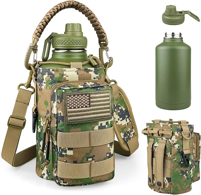 DEFUNX Half Gallon Water Bottle Insulated with Sleeve - Tactical 64 oz Stainless Steel Water Jug with MOLLE Water Bottle Pouch, Gym Water Bottles for Men Hiking Workout (Woodland Digital Camo)