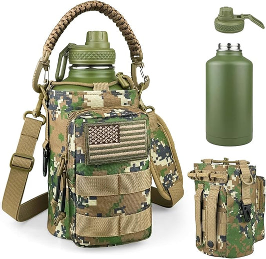 DEFUNX Half Gallon Water Bottle Insulated with Sleeve - Tactical 64 oz Stainless Steel Water Jug with MOLLE Water Bottle Pouch, Gym Water Bottles for Men Hiking Workout (Woodland Digital Camo)