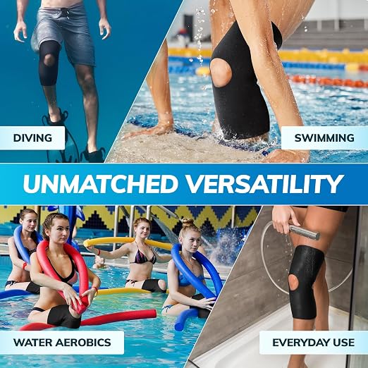 BraceAbility Open Patella/Open Back Neoprene Knee Sleeve | Water-Resistant Athletic Compression Knee Brace for Swimming, Wakeboarding, Scuba Diving, Surfing, Waterskiing and Other Sports (Small)