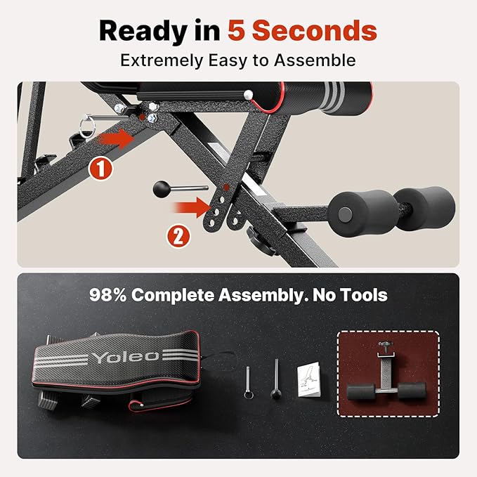 YOLEO Adjustable Weight Bench for Home Gym, ASTM-Certified 827LBS, 98% Pre-Assembled, Foldable Gym Bench with 84 Positions Incline Decline Flat, Wider Seat