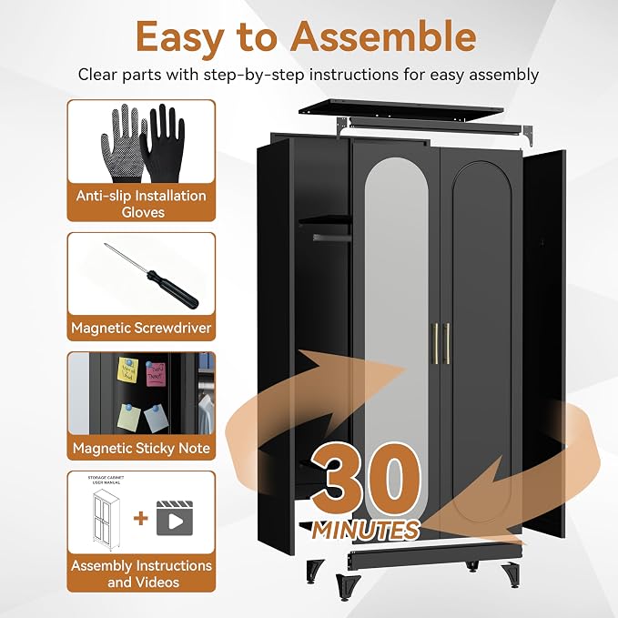 Polup Metal Armoire Wardrobe Closet with Mirror, Clothing Storage Cabinet | 71" Heavy Duty Steel Wardrobe Cabinet with Hanging Rod & Adjustable Shelves for Bedroom, Office, Clothes Organizer, Black