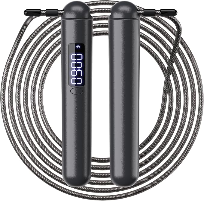 ACHDOFITS Jump Rope with Smart Counter for Adults | Tangle-free Steel Core, 170g. Fits 5'-6'5". 4 Modes: Beginner-HIIT. Rechargeable. For Women & Men. Tracks Calories & Jumps.