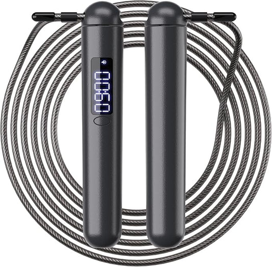 ACHDOFITS Jump Rope with Smart Counter for Adults | Tangle-free Steel Core, 170g. Fits 5'-6'5". 4 Modes: Beginner-HIIT. Rechargeable. For Women & Men. Tracks Calories & Jumps.