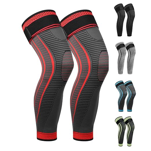 Full Leg Compression Sleeves 2 Pack anti Sliping Ventilation Long Knee Support with Wraps for Men and Women Long Knee Compression Sleeve for ACJ, PCL, Meniscus Tear, Arthritis (XXL, Red)