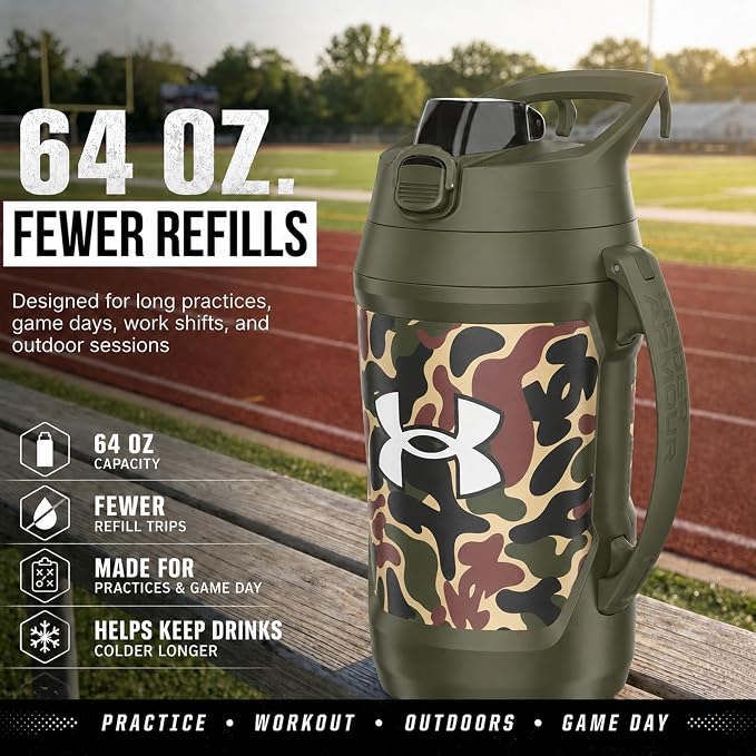 Under Armour Insulated Water Bottle with Handle & Fence Hook, Half Gallon Sports Water Jug, Leak-Resistant & BPA-Free for Baseball, Football & Gym - Green Hyper Camo, 64oz