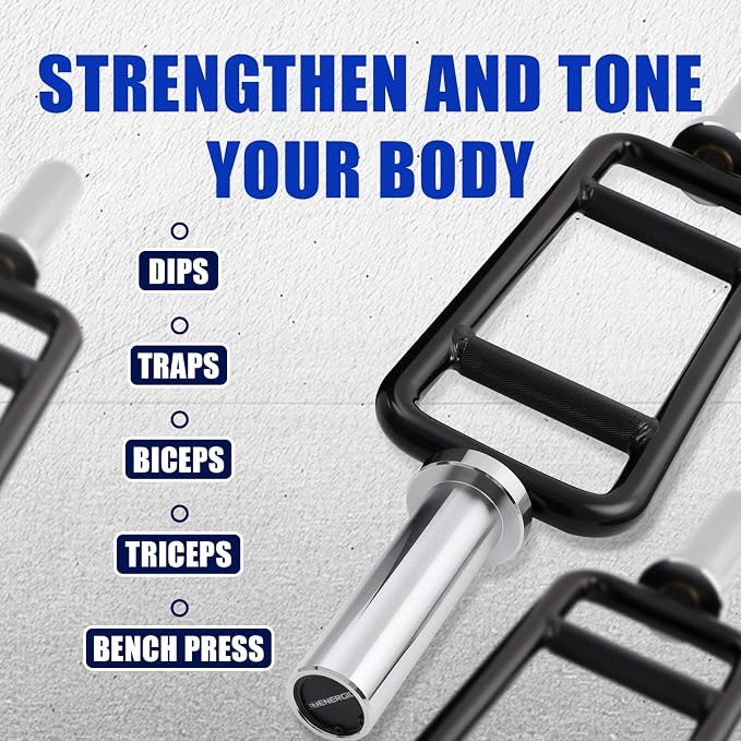 34” Hard Chrome Olympic Triceps Bar, 500LB | Neutral grip weight bar with knurled handles, rotating sleeves, 6.88-inch loadable length, and 2-inch plate fit