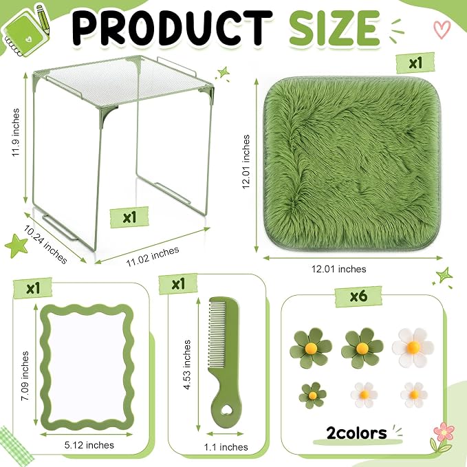 RattanView 10 Pcs Locker Accessories Kit Magnetic Acrylic Mirror Plush Rug Small Comb 6 Flower Magnet Locker Organizer for Back to School Teen Student Girl Office Work Lockers Decoration Gift(Green)