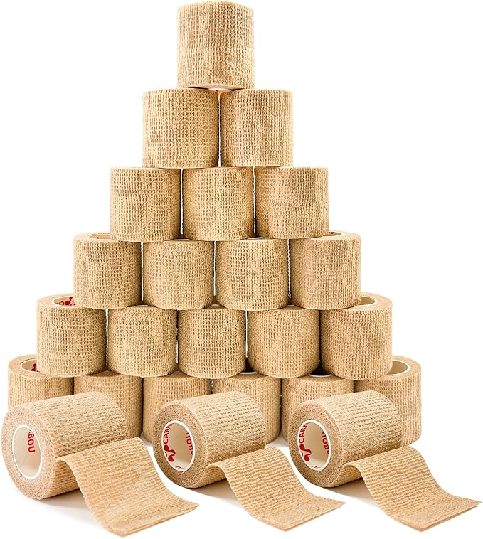 [24 Pack 2" x5 Yards] Beige-Self Adhesive Bandages Pre Wrap, Athletic Elastic Cohesive Bandage for Sports, Injuries, Treatments, and Recovery, First Aid Tape Vet Wrap for Cat, Dog