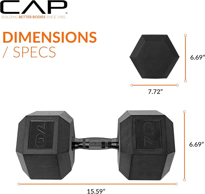 CAP Rubber Coated Dumbbell Weights, Free Weights for Home Gym Strength Training, Anti-Roll Hex Dumbbells with Black, Chrome & Comfort Grip Handles, Pairs & Sets