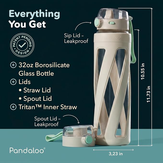 Pandaloo® Orbit 32 oz Glass Water Bottle with 2 Leak-Proof Lids (Straw & Spout), Wide Mouth, Borosilicate Glass, BPA-Free, Cup Holder Friendly for Gym, Work, Travel & Daily Hydration- Creamy Mushroom