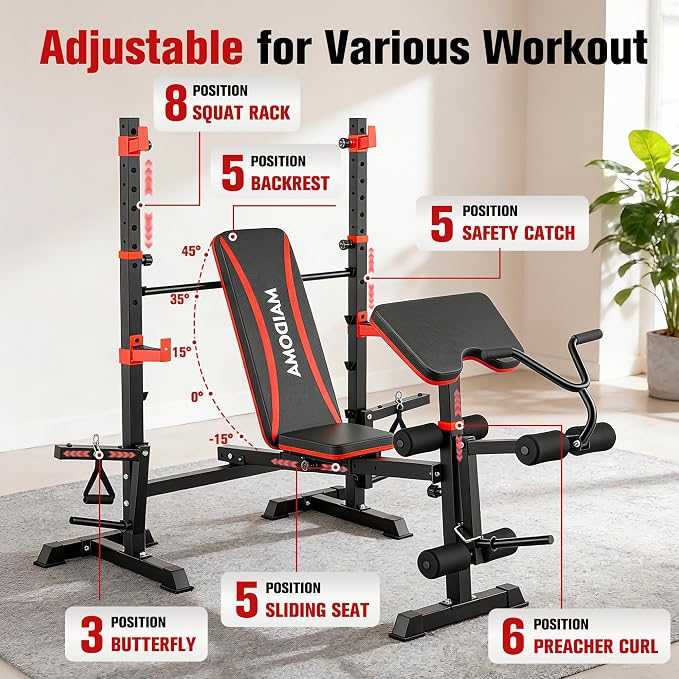 MAIDOMA 8 IN 1 Standard Weight Bench Set with Leg Extension and Leg Curl, Fast Folding & Adjustable Workout Bench for Home Gym,Adjustable Bench Press with Squat Rack.（US Stock）