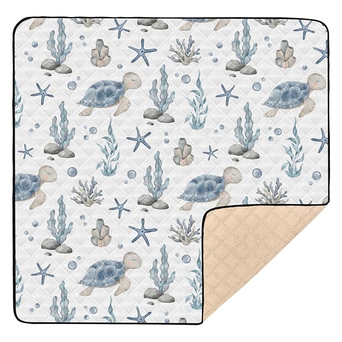 Baby Play Mat Sea Turtle Seashell Starfish 50" X 50" Play Gym Crawling Mat Soft Non-Slip Portable Picnic Floor Mat for Infant, Babies, Toddler, Kids