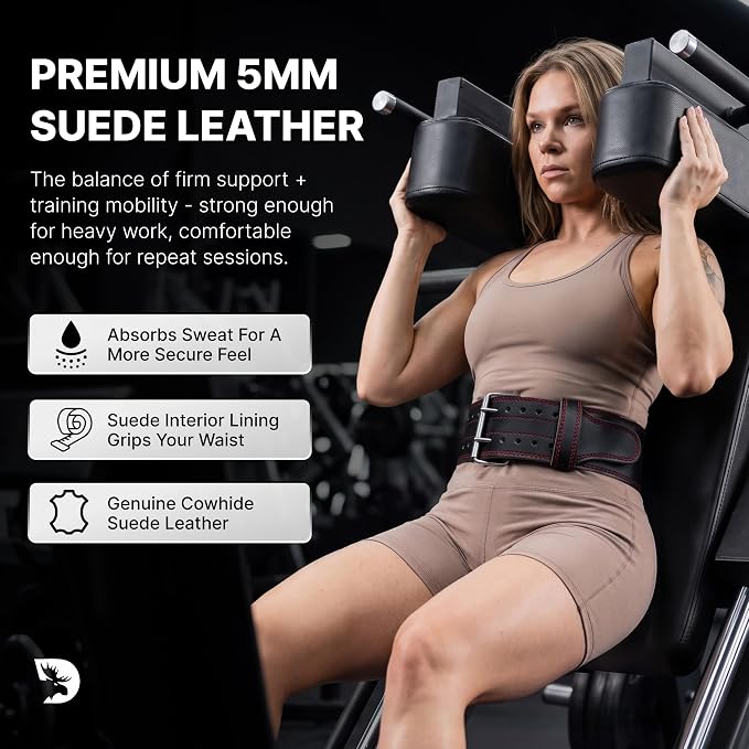 DMoose Fitness Weight Lifting Belt for Lower Back Support - 5mm Thick Genuine Leather Gym Belt for Deadlifts, Powerlifting & Squats - Double Prong Buckle - Men & Women