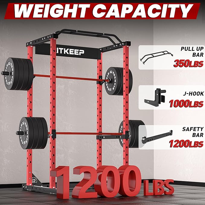 RitKeep Power Rack, Adjustable Multi-Function Squat Rack for Home Gym | 3-in-1 Power Cage with 1200LB Capacity, J-hooks, safety bars and multi-grip pull-up bar for strength training -RMAX 2250