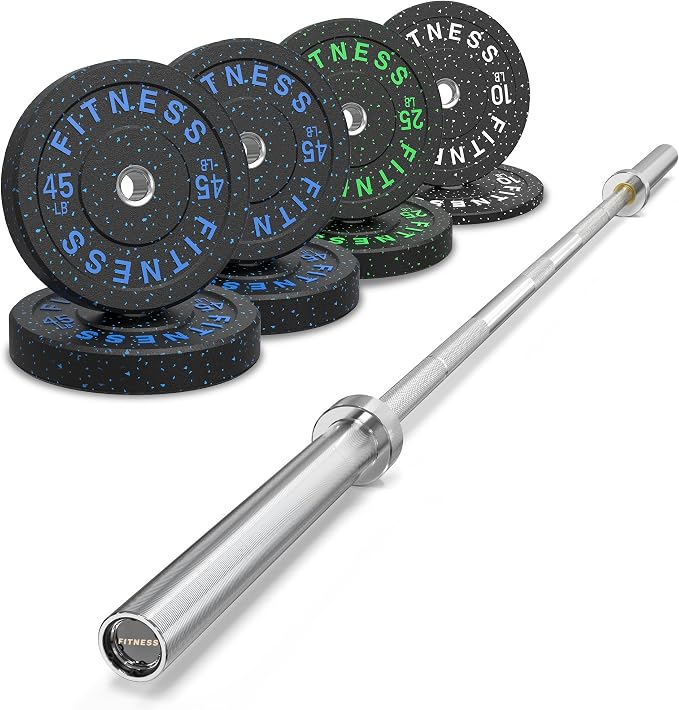 HANDBODE Olympic Barbell Set, 2-Inch Bumper Plates with Weight Plate Rack | Colored Crumb Rubber Weight Plates for Weight Lifting & Strength Training, 90–530 lb Set with 45 LB (20 kg) Olympic Barbell