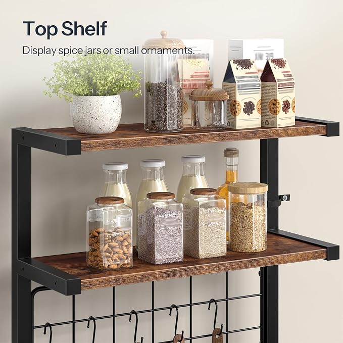 HOOBRO Bakers Rack with Power Outlet, Microwave Stand with Trash Can Storage, 3-Tier Coffee Bar Table with Storage Shelf for Kitchen, Dining Room, Living Room, Rustic Brown and Black BF22UHB01G1
