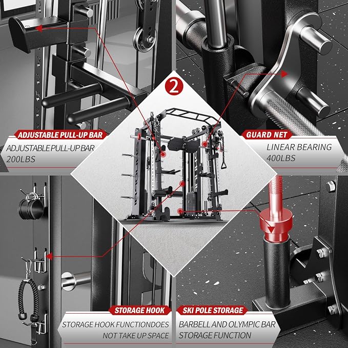 XGSW Smith Machine with Weight Stack, Multi-Function Squat Rack Power Cage with Cable Crossover System, for Home Gym