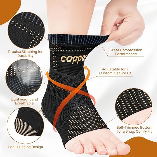 Ultra-Breathable Copper Ankle Braces Adjustable Compression Support, Large | Removable Figure-8 Straps, AirFlow Knit, All-Day Wear - Ankle Sprains & Plantar Fasciitis & Sports & Injury Recovery