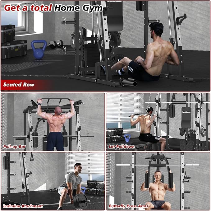 SunHome Smith Machine, 2000LBS Power Cage Squat Rack with Smith Bar, LAT Pull-Down Systems, Cable Crossover Machine for Home Gym