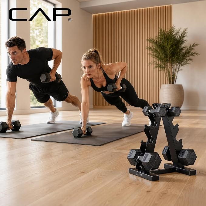 CAP Rubber Coated Hex Dumbbell Set with Storage Rack | 100–210 lb Options, Space-Saving Vertical Compact Storage for Home Gym Strength Training