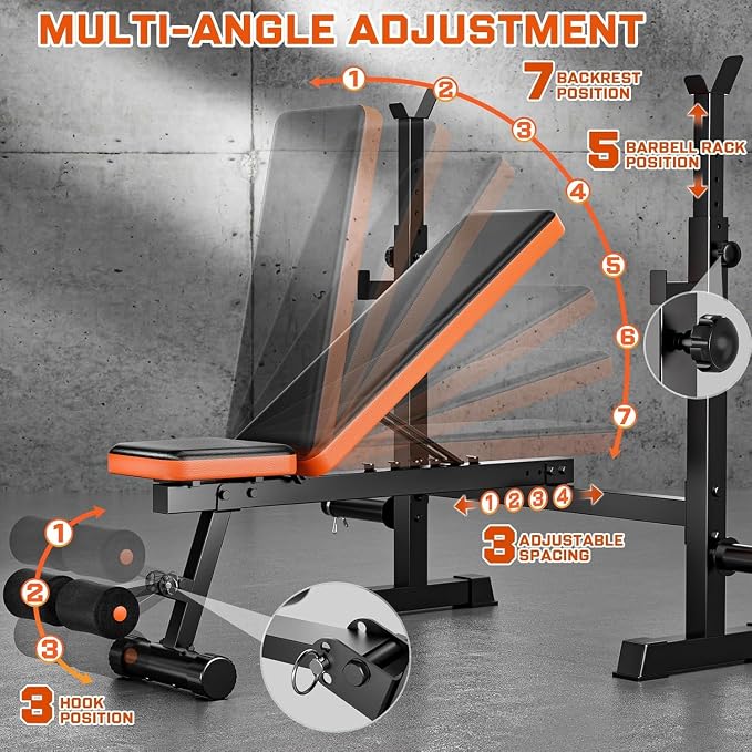 Fostoy Olympic Weight Bench with Lat Pulldown, Squat Rack & Leg Curl | Adjustable,Cable Row, Squat Rack, Leg Developer, Preacher Curl, Multi-Angle Backrest, Full Body Strength Training