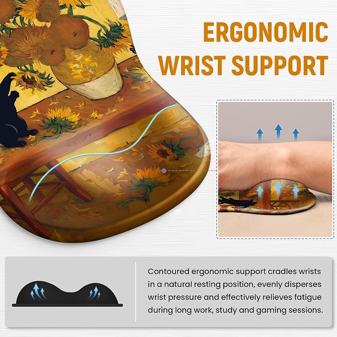 Ergonomic Mouse Pad with Wrist Rest, Gel Wrist Support, Sunflower | 10.2 x 7.6 in Mouse Pad with Smooth Fabric Surface and Non-Slip Rubber Base for Office, Home, Study, and Gaming