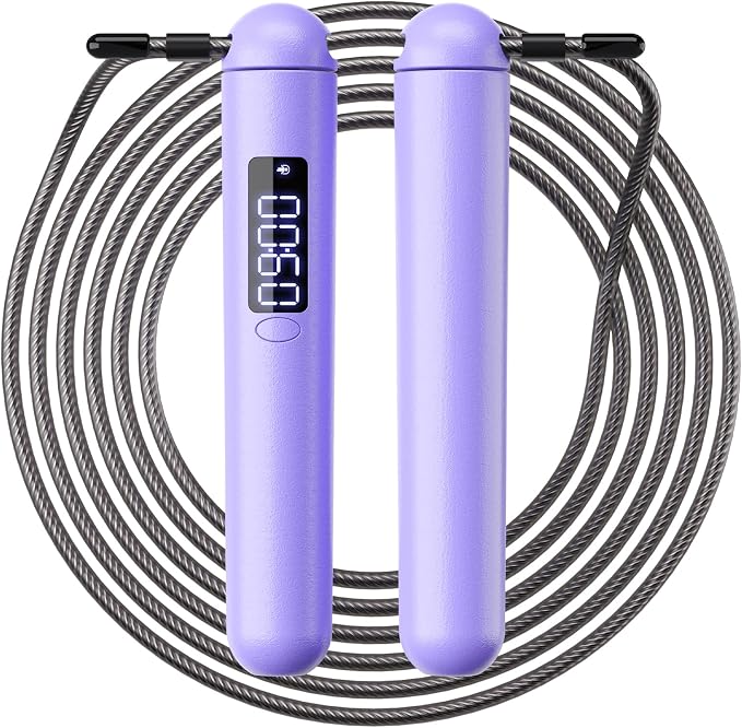 ACHDOFITS Jump Rope with Smart Counter for Adults | Tangle-free Steel Core, 170g. Fits 5'-6'5". 4 Modes: Beginner-HIIT. Rechargeable. For Women & Men. Tracks Calories & Jumps.