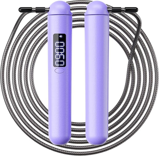 ACHDOFITS Jump Rope with Smart Counter for Adults | Tangle-free Steel Core, 170g. Fits 5'-6'5". 4 Modes: Beginner-HIIT. Rechargeable. For Women & Men. Tracks Calories & Jumps.