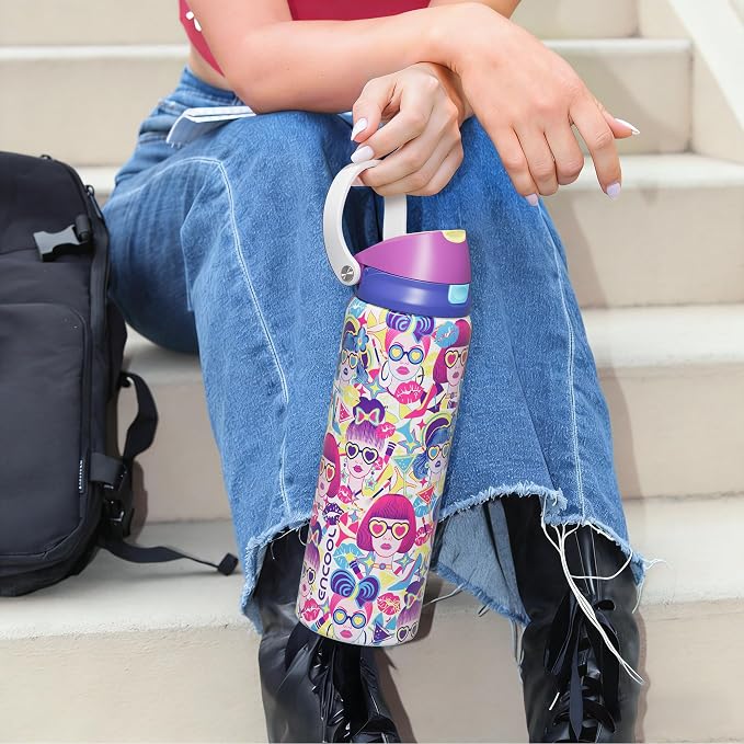 ENCOOL Leakproof Insulated Water Bottle with Straw Dual-Sip Water Bottle Bag-Safe Design for Work, Commute & Gym – Keeps Drinks Cold All Day, 24 oz, Neon Sweetheart