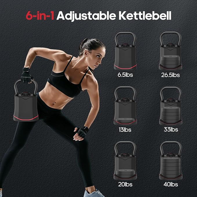 ERGOLIFE 6.5LB-40LB Adjustable Kettlebell Set, 6-in-1 Quick Weight Change, Space-Saving Weight Set for Home Gym Strength Training for Men and Women (Black)