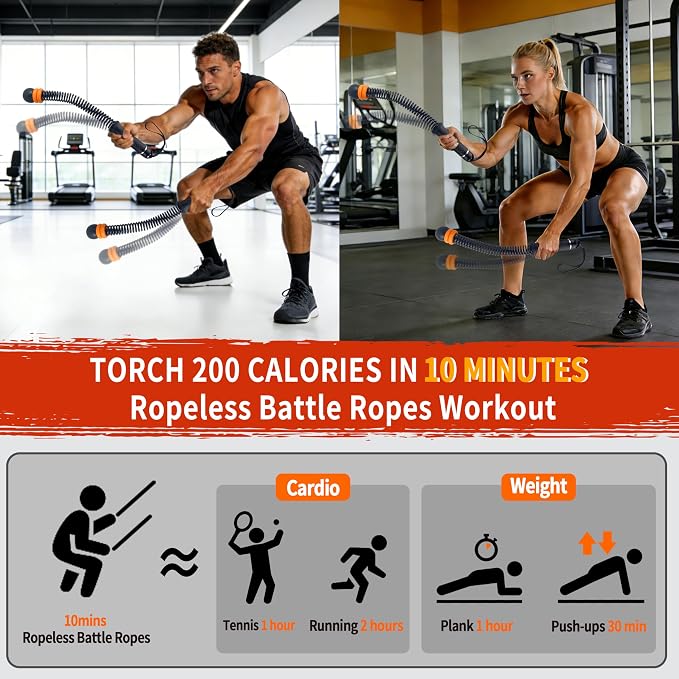 Portable Adjustable Ropeless Battle Ropes with Black | Weighted Cordless Workout Rope with Anti-slip Handles for Low-impact Cardio, HIIT, Home Gym and Office Fitness