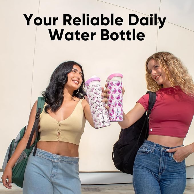 ENCOOL Leakproof Insulated Water Bottle with Straw Dual-Sip Water Bottle Bag-Safe Design for Work, Commute & Gym – Keeps Drinks Cold All Day, 32 oz, Blush Butterfly