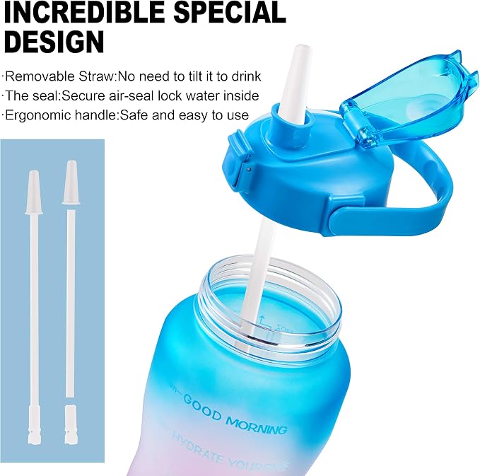 EYQ 64oz/128oz Leakproof Free Drinking Water Bottle with Motivational Time Marker BPA Free for Fitness, Gym and Outdoor Sports
