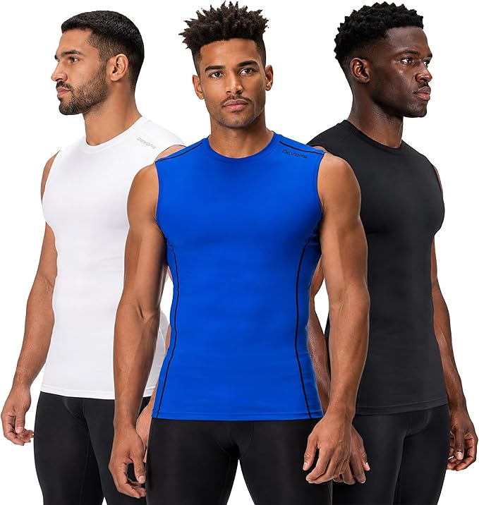 DEVOPS 3 Pack Men's Compression Shirts Sleeveless Tank Top Baselayer | Gym Training, Running, Moisture Wicking, Compression Fit, 4-Way Stretch, UPF 50+, Sleeveless