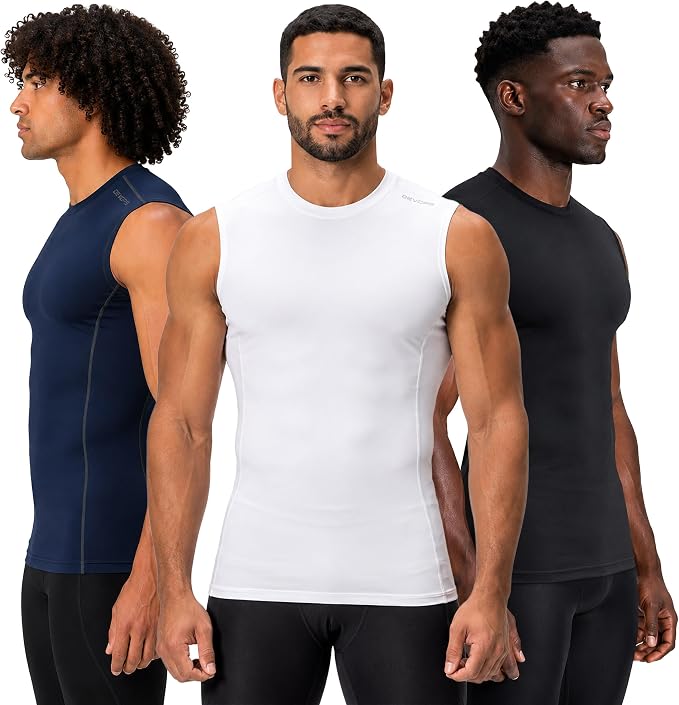 DEVOPS 3 Pack Men's Compression Shirts Sleeveless Tank Top Baselayer | Gym Training, Running, Moisture Wicking, Compression Fit, 4-Way Stretch, UPF 50+, Sleeveless