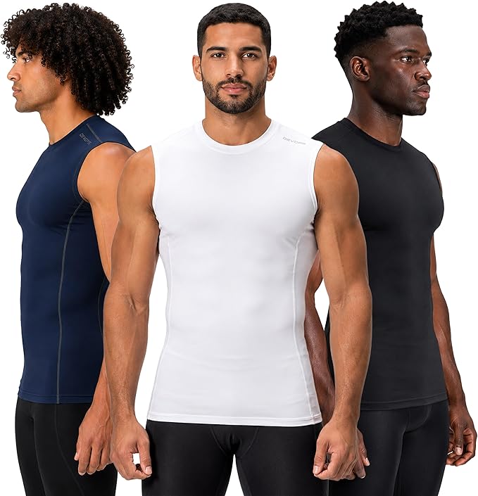 DEVOPS 3 Pack Men's Compression Shirts Sleeveless Tank Top Baselayer | Gym Training, Running, Moisture Wicking, Compression Fit, 4-Way Stretch, UPF 50+, Sleeveless