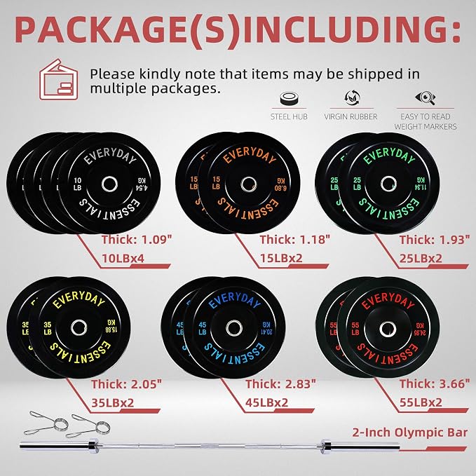 Fitvids 2-Inch Olympic Bumper Plates, Perfect Weight Plates for Weightlifting and Strength Training, Multiple Weights Available