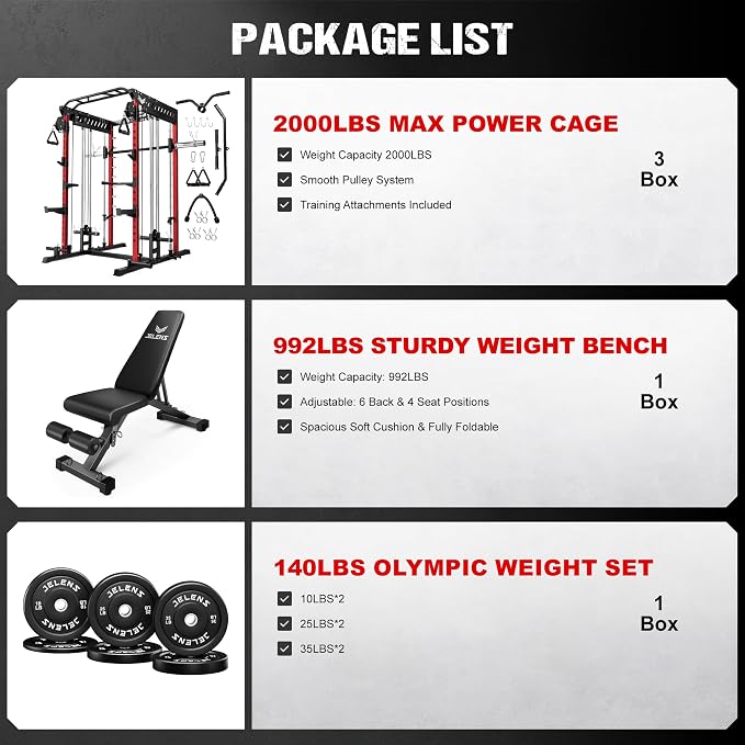 JELENS M21 Smith Machine, Multi-Function Power Cage with Dual Pulley Cable Crossover System, 2000LBS All-in-One Squat Rack with Smith Bar and Attachments for Home Gym