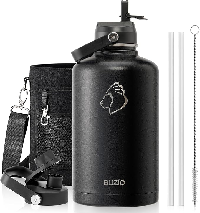 BUZIO 87oz Insulated Water Bottle Triple Wall Vacuum Stainless Steel | Half Gallon Water Jug with Straw Spout Lids (Cold for 48 Hrs/Hot for 24 Hrs), Dishwasher Safe, Leakproof, Non-BPA,for Travel